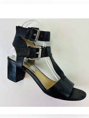 Michael Kors black leather block heel sandals double buckle details Size 8M